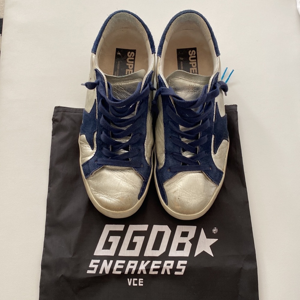 Golden Goose silver and navy Superstar sneakers